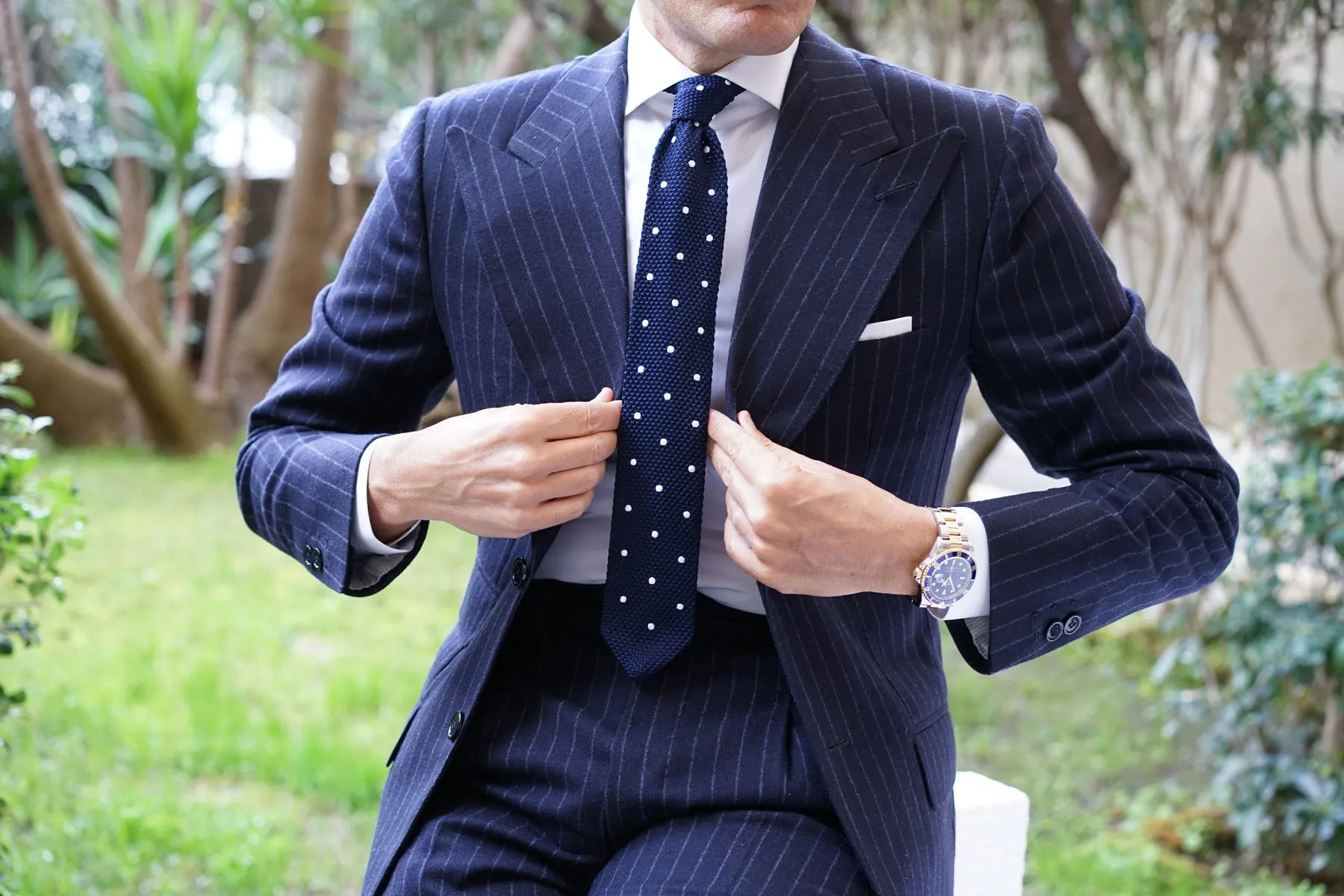 Navy Polka Dot Knitted Tie by Tao