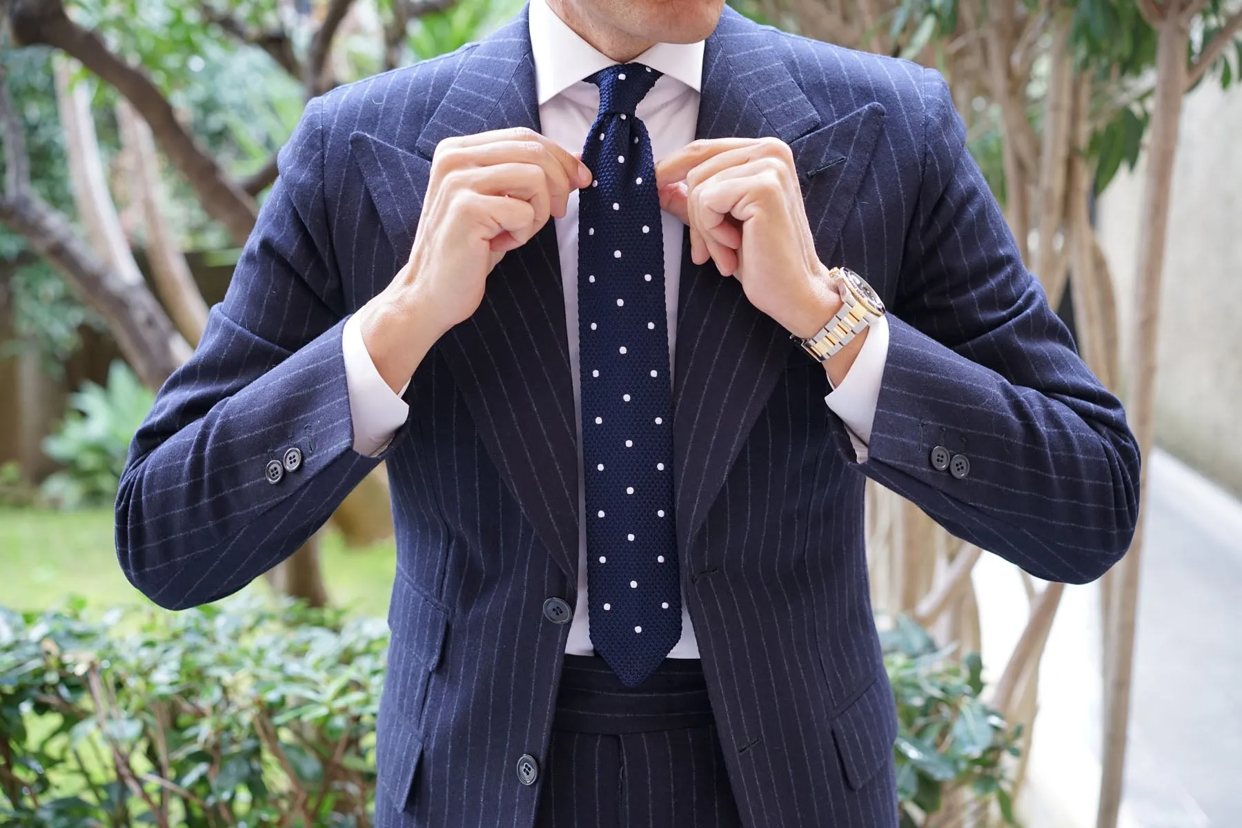 Navy Polka Dot Knitted Tie by Tao