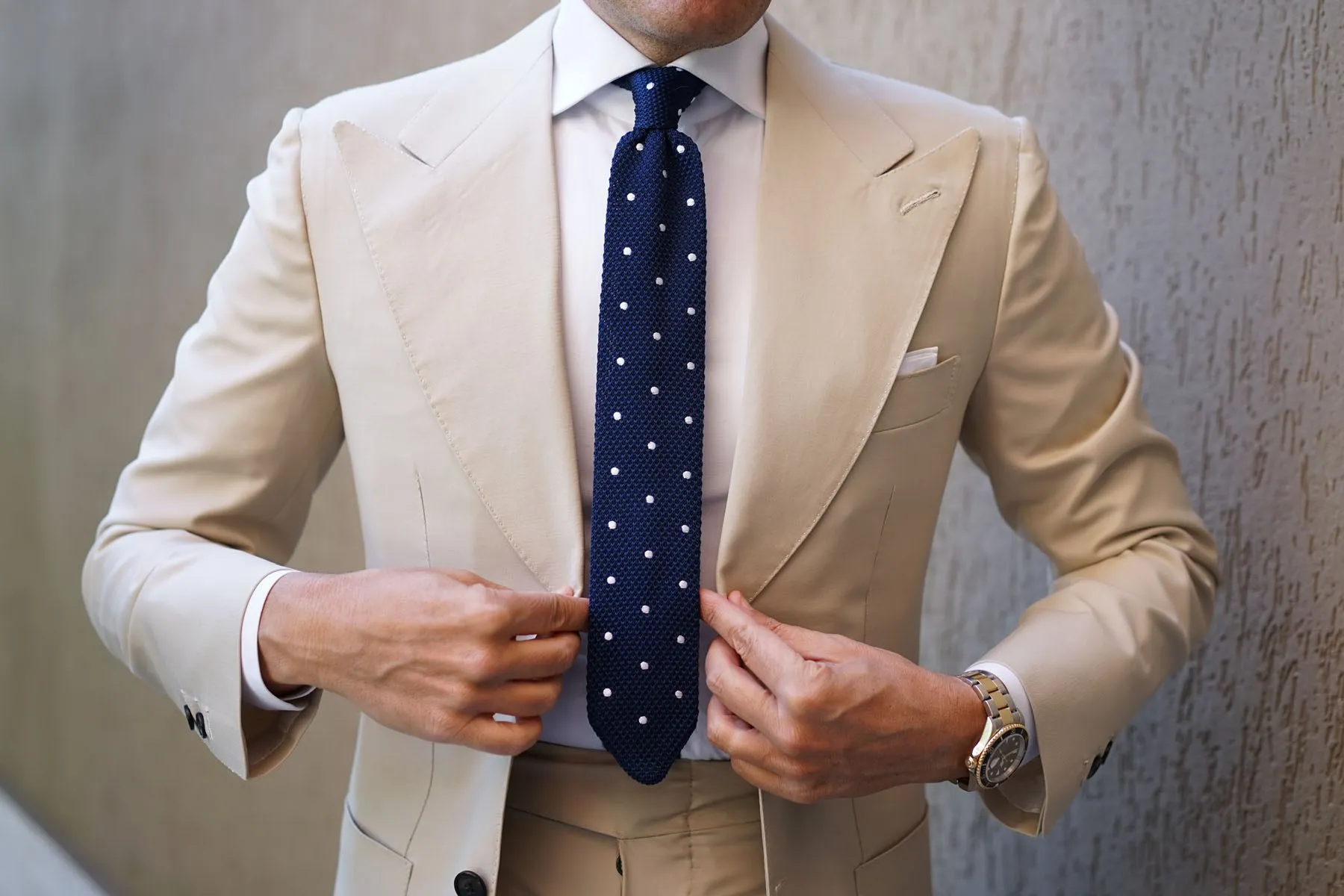 Navy Polka Dot Knitted Tie by Tao