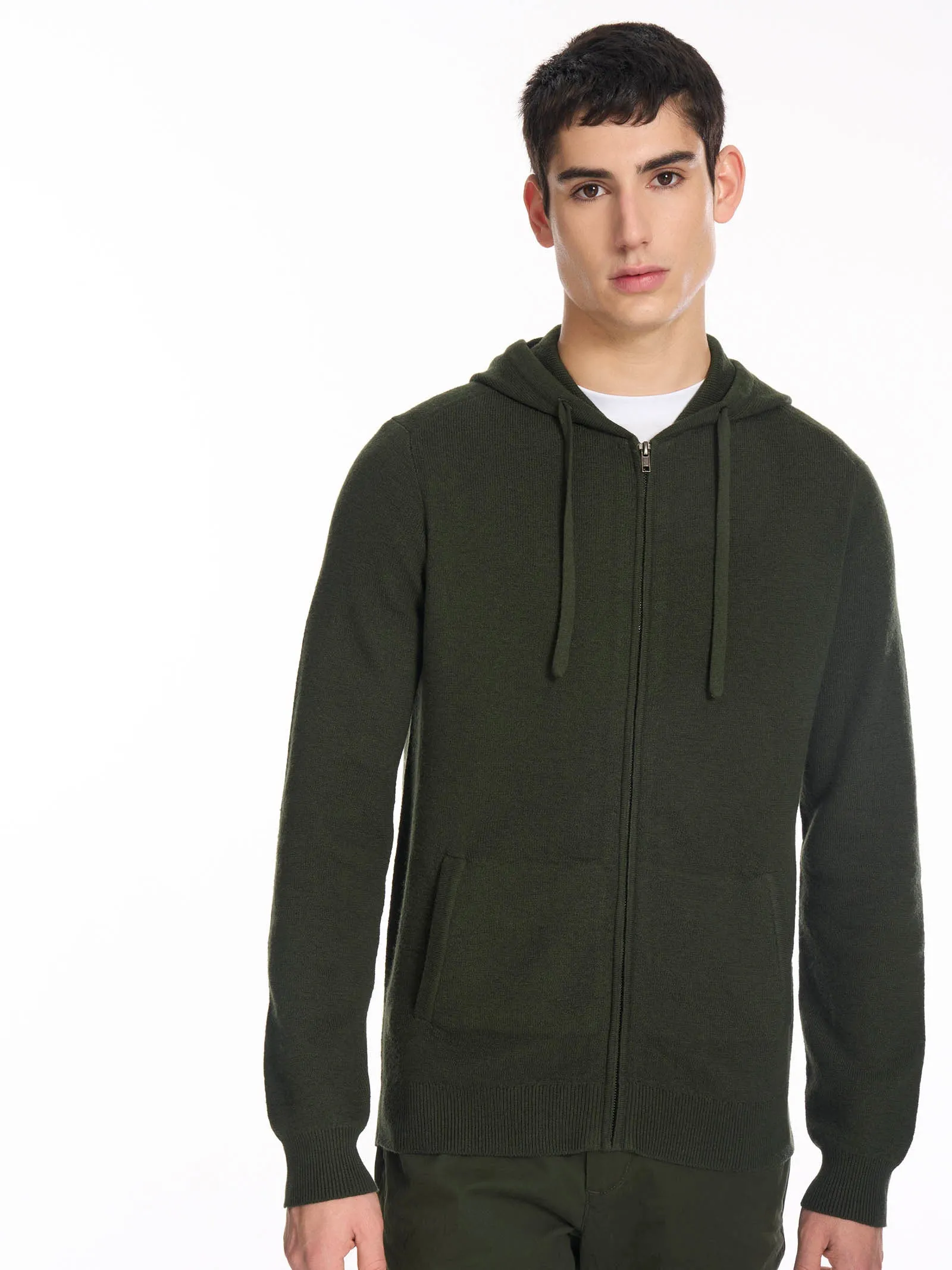 Pull con zip and cappuccio in filato Nice Wool - Kombu Green