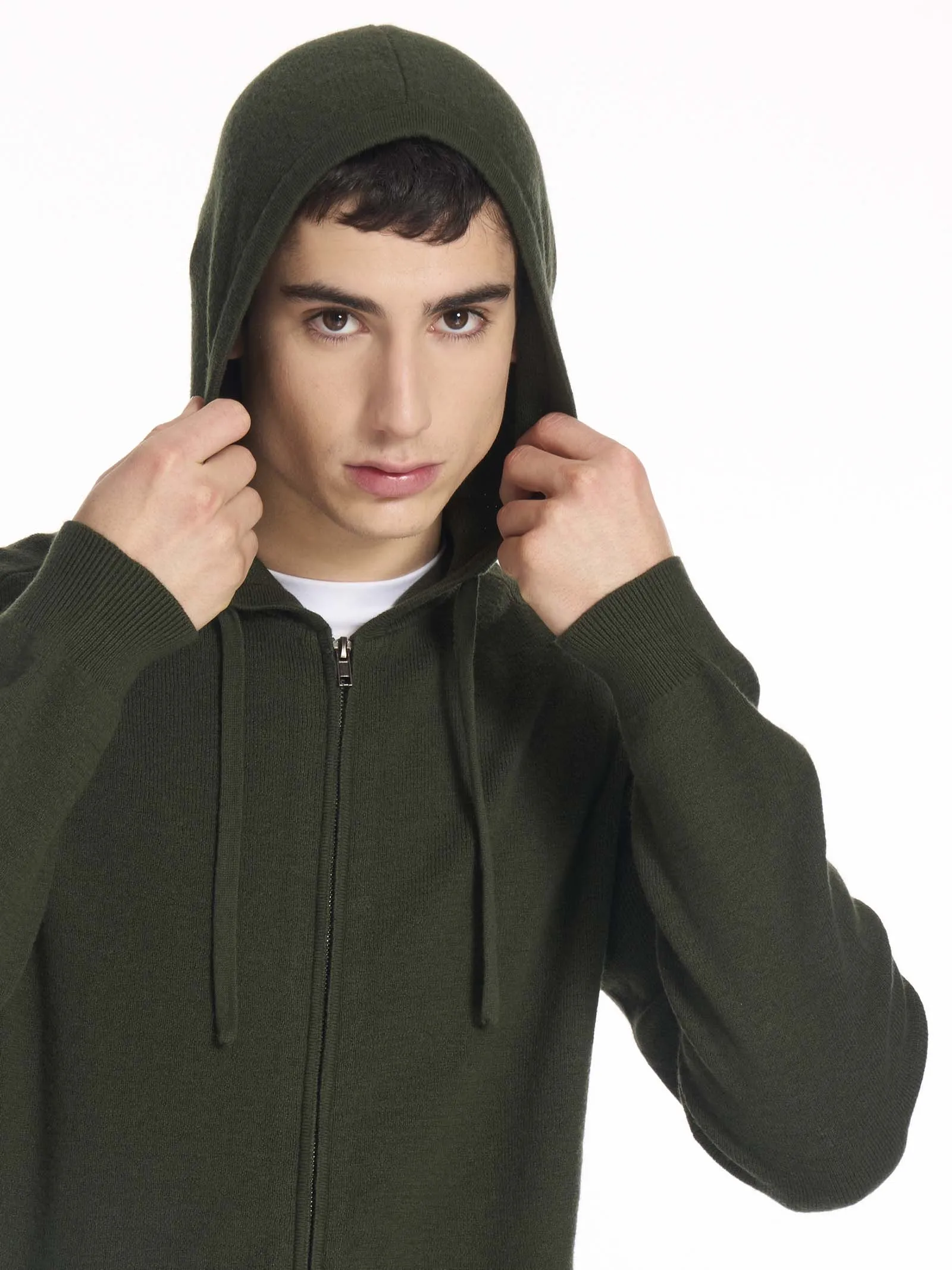 Pull con zip and cappuccio in filato Nice Wool - Kombu Green