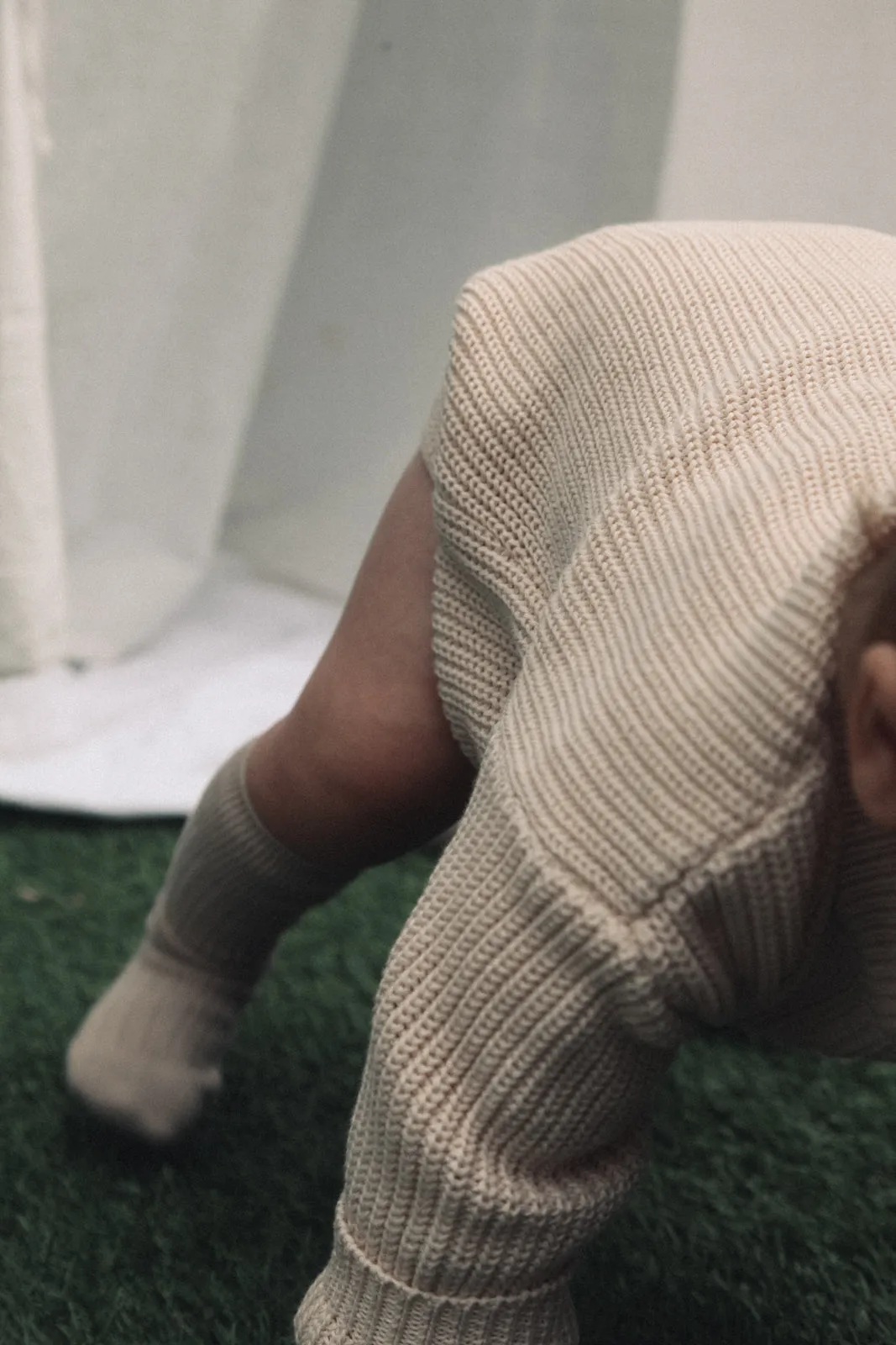 Long Sleeve Knitted Romper Cotton Nude