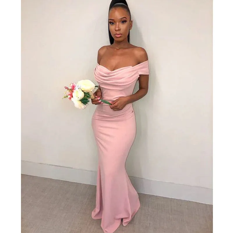 Pink Off Shoulder Mermaid Bridesmaid Gown, BG715