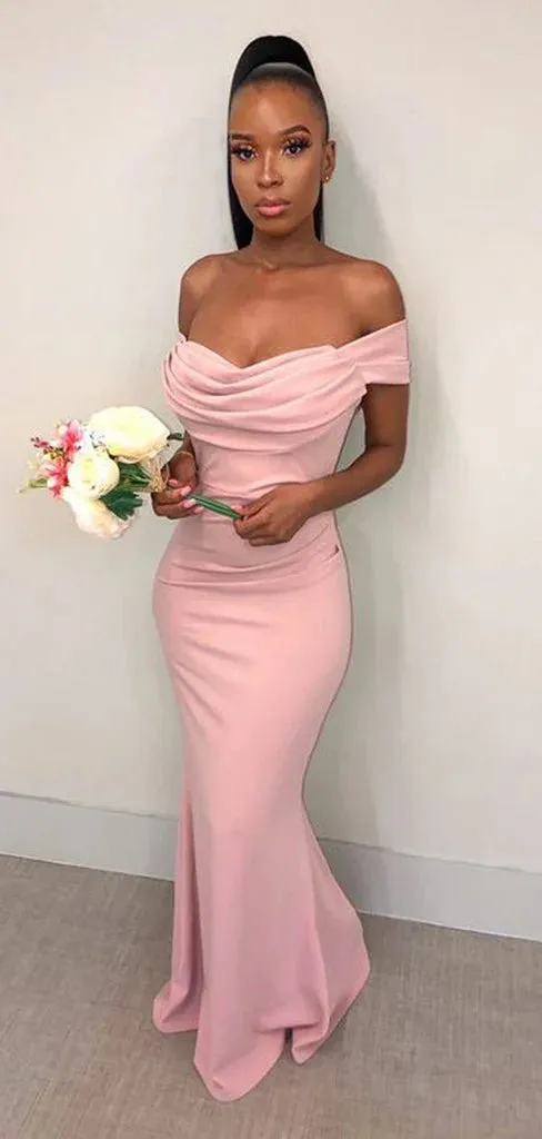 Pink Off Shoulder Mermaid Bridesmaid Gown, BG715