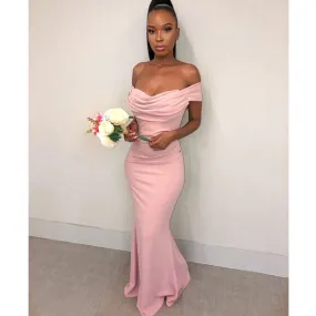 Pink Off Shoulder Mermaid Bridesmaid Gown, BG715