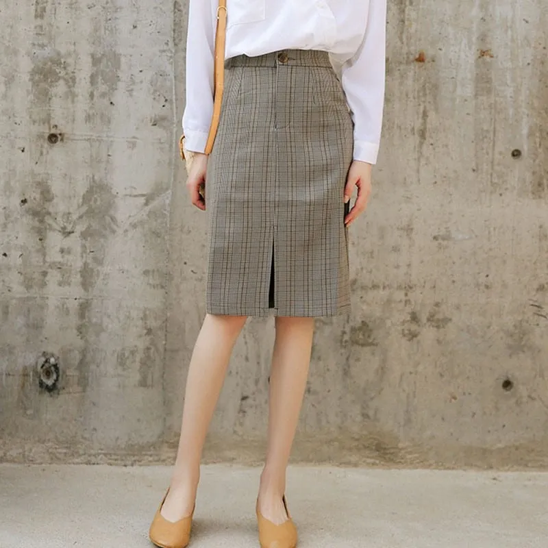 Korean Style Vintage Plaid Office Lady Elegant Pencil Skirts