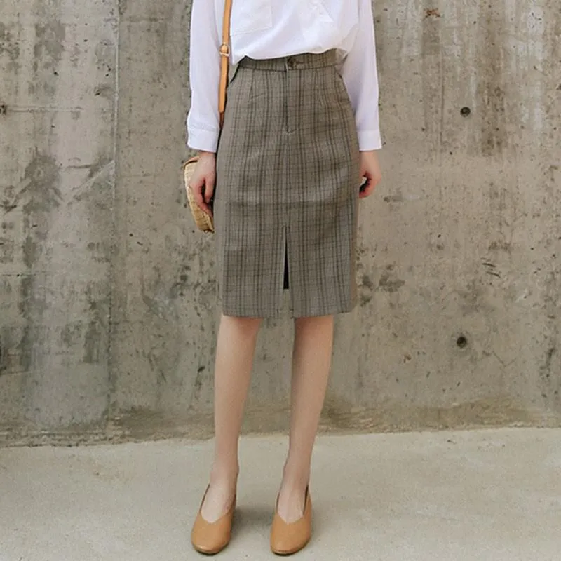 Korean Style Vintage Plaid Office Lady Elegant Pencil Skirts