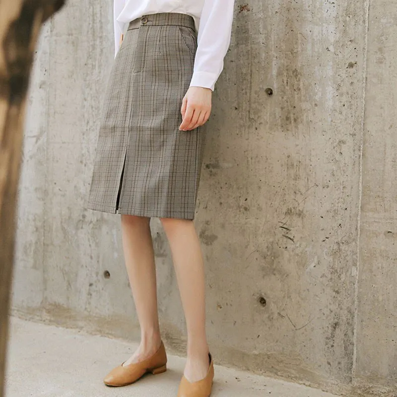 Korean Style Vintage Plaid Office Lady Elegant Pencil Skirts