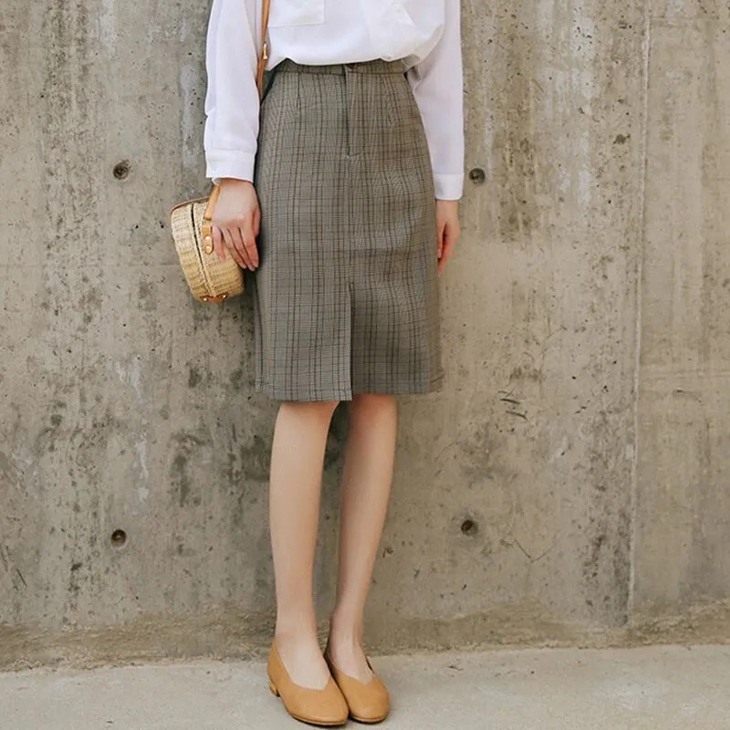 Korean Style Vintage Plaid Office Lady Elegant Pencil Skirts