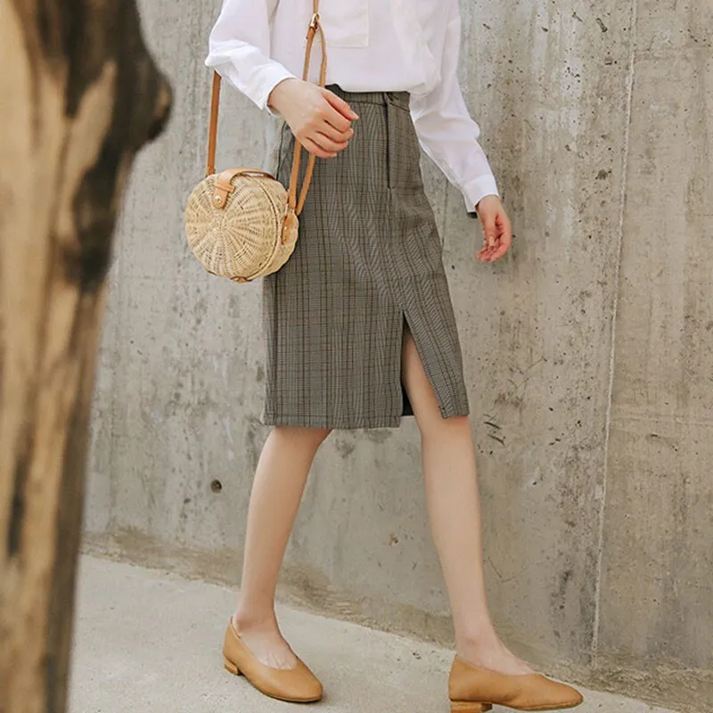 Korean Style Vintage Plaid Office Lady Elegant Pencil Skirts