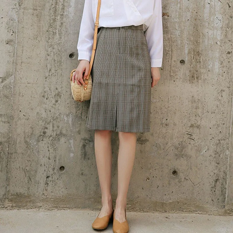 Korean Style Vintage Plaid Office Lady Elegant Pencil Skirts