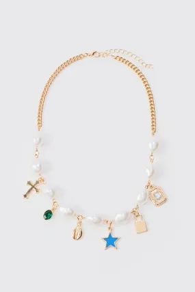 Pearl Chain And Mixed Pendant Necklace In Gold