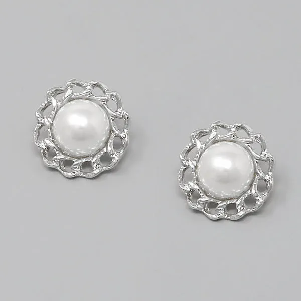 Pearl Dome Stud Earrings with Chain Trim