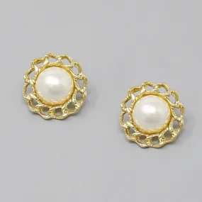 Pearl Dome Stud Earrings with Chain Trim