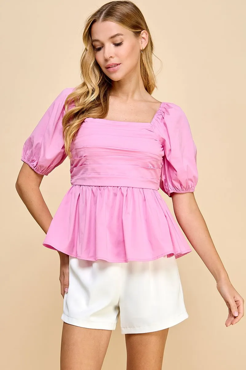 Square Neckline Pleated Puff Sleeve Top