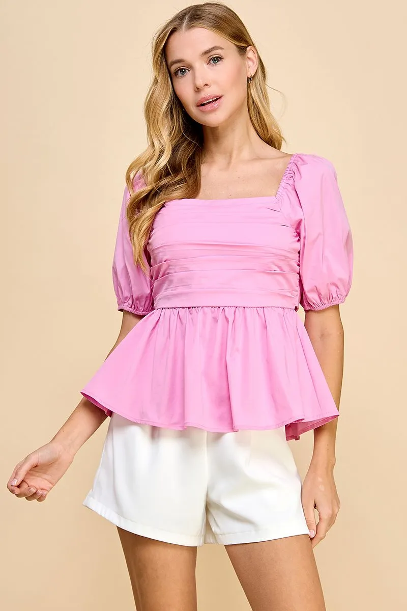 Square Neckline Pleated Puff Sleeve Top