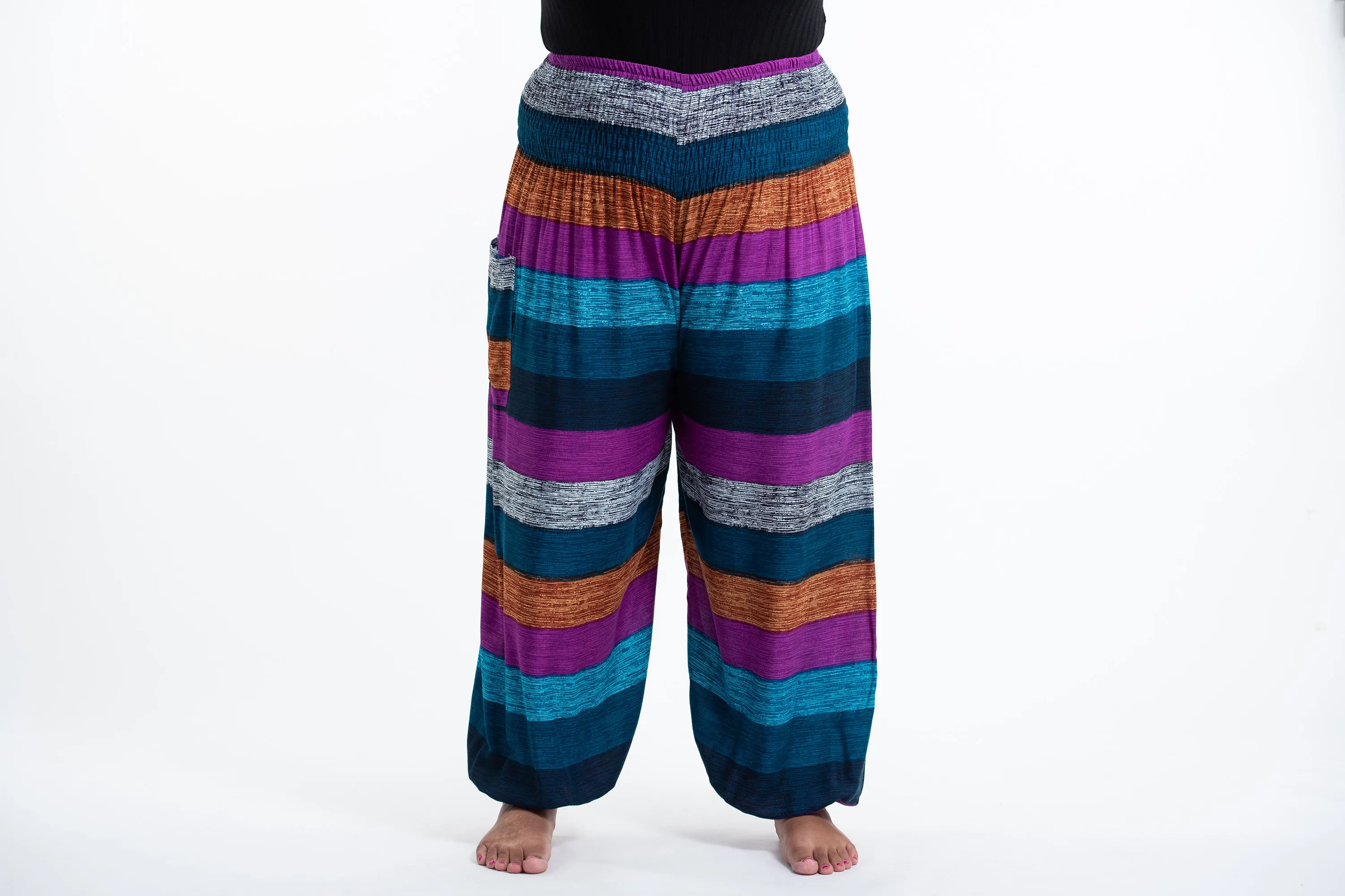 Blue Plus Size Boho Striped Women's Harem Pants