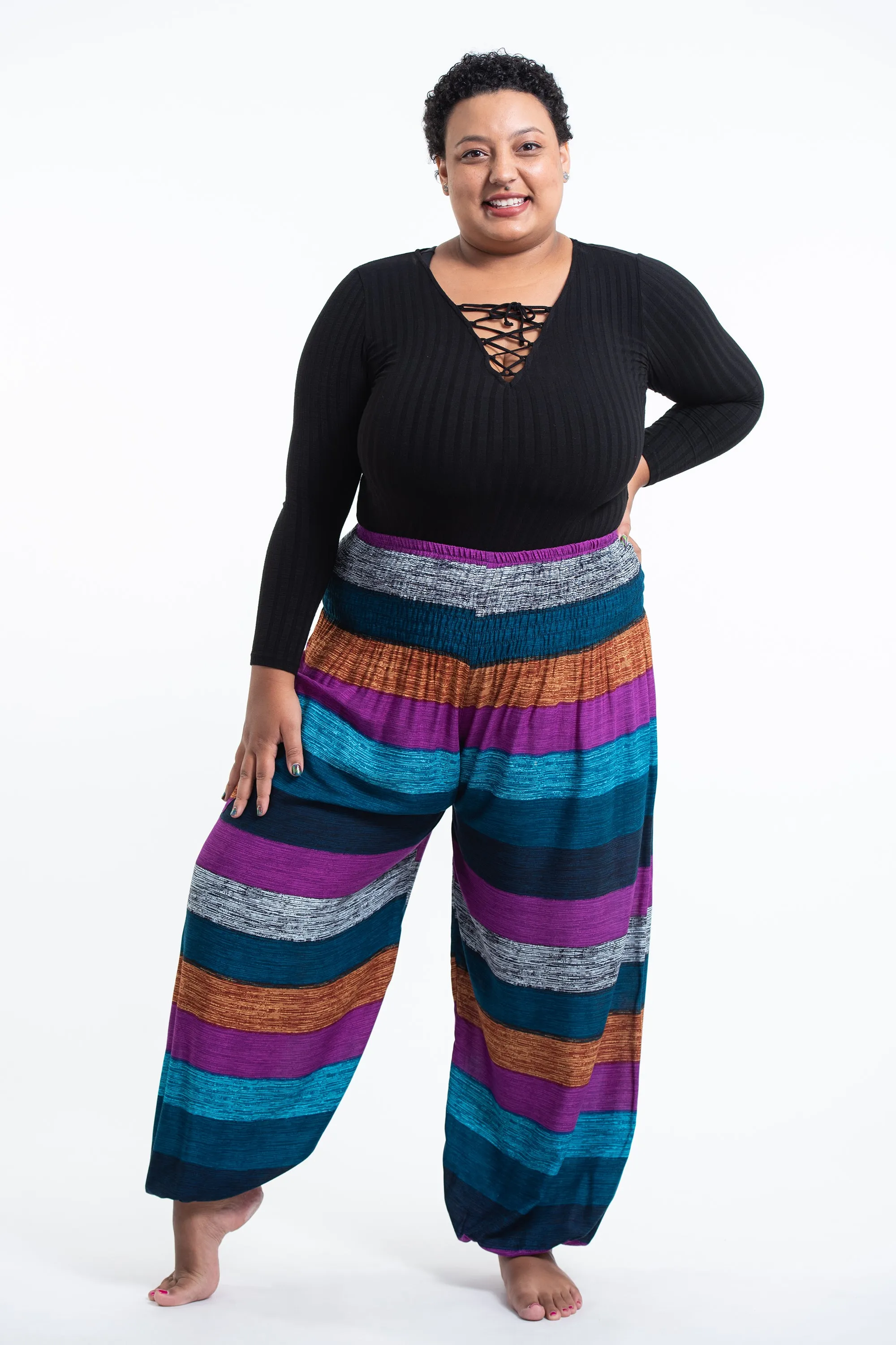 Blue Plus Size Boho Striped Women's Harem Pants