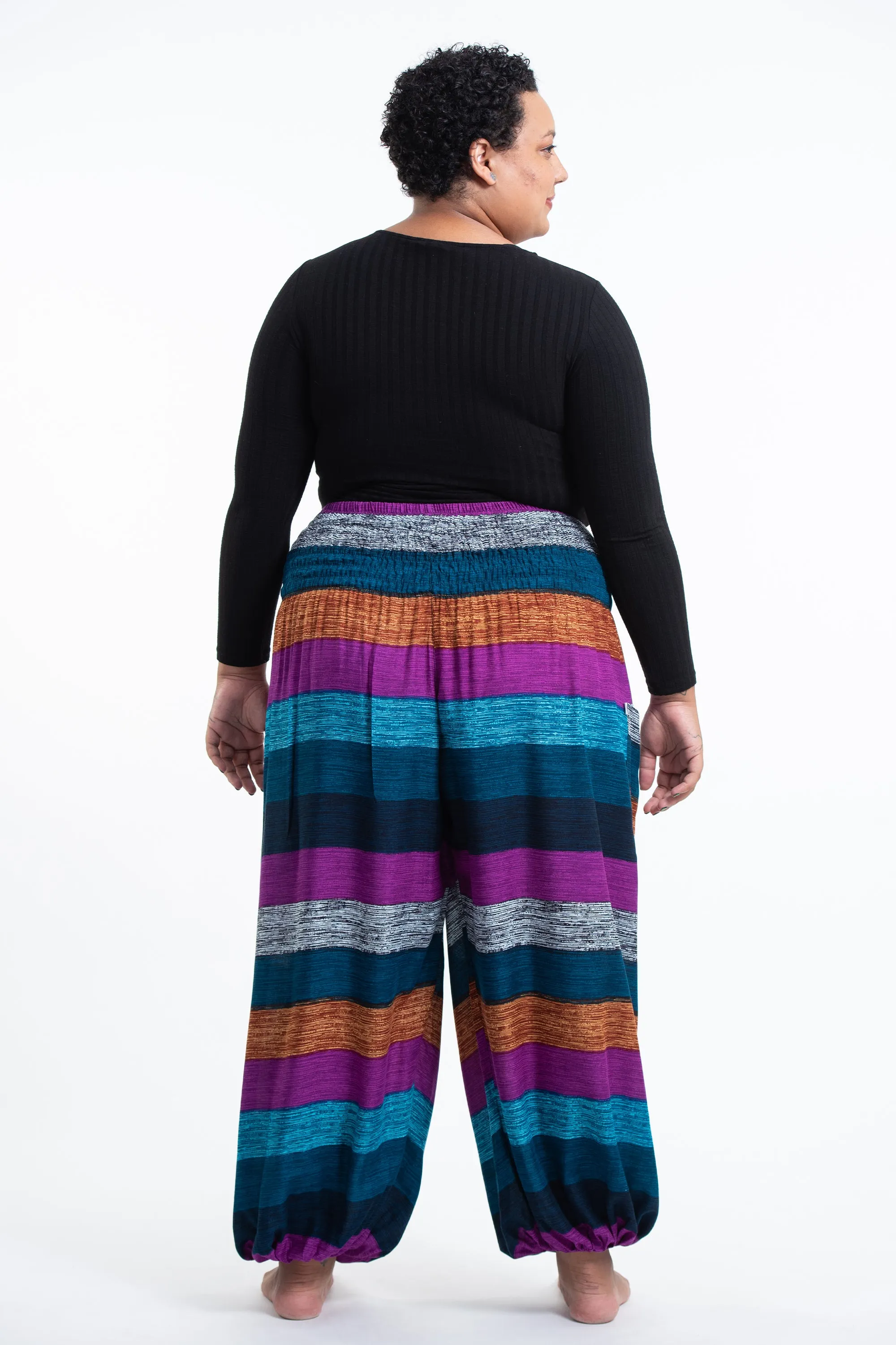 Blue Plus Size Boho Striped Women's Harem Pants