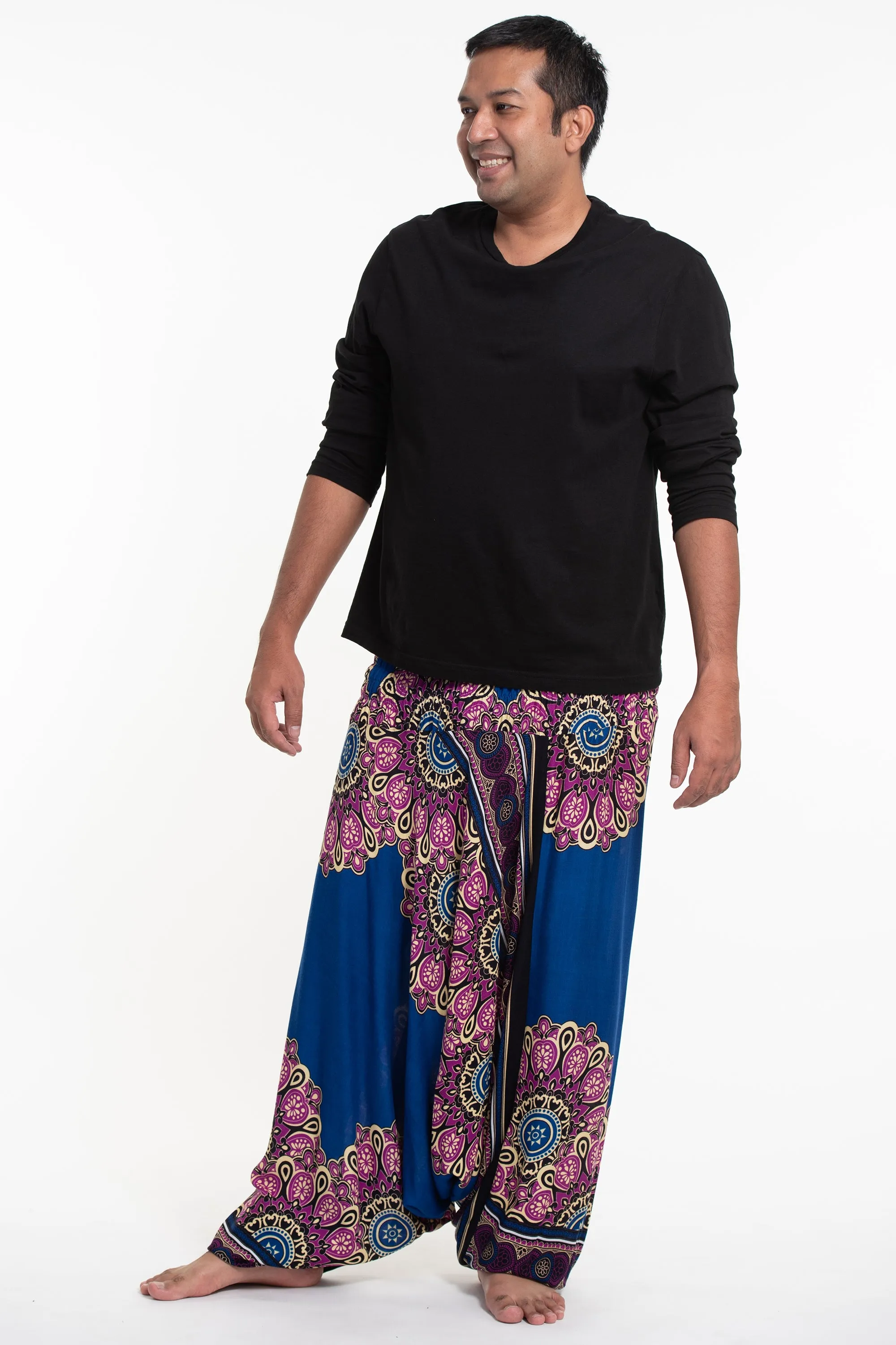 Blue Plus Size Peony Mandalas Drop Crotch Men's Harem Pants