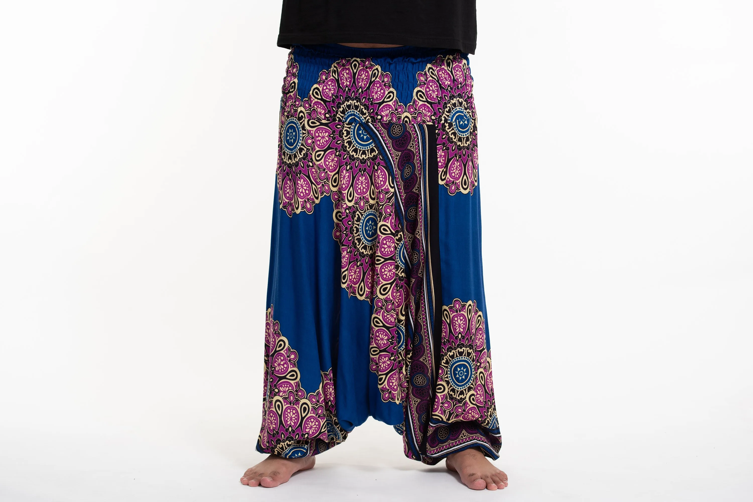 Blue Plus Size Peony Mandalas Drop Crotch Men's Harem Pants