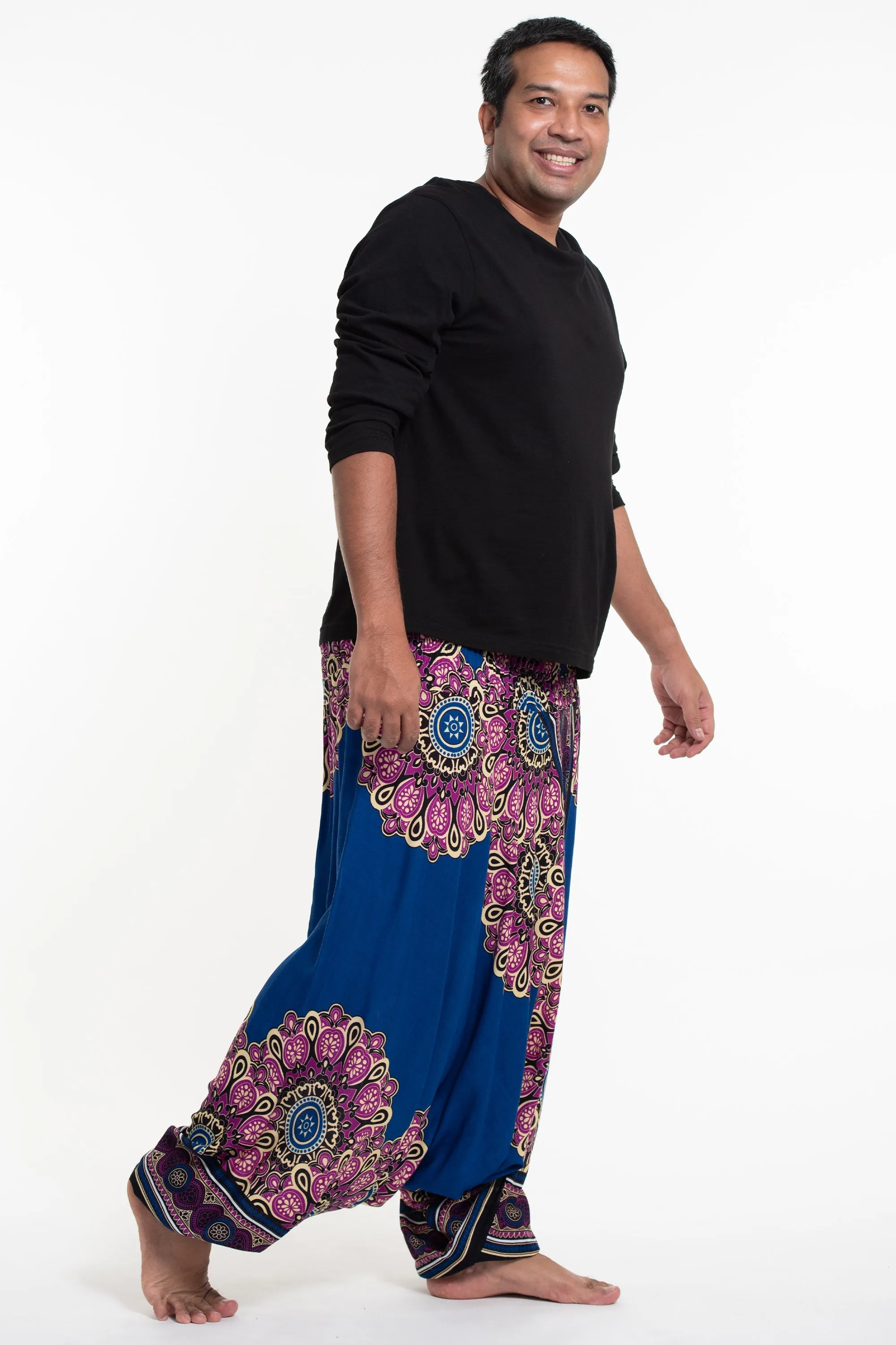 Blue Plus Size Peony Mandalas Drop Crotch Men's Harem Pants