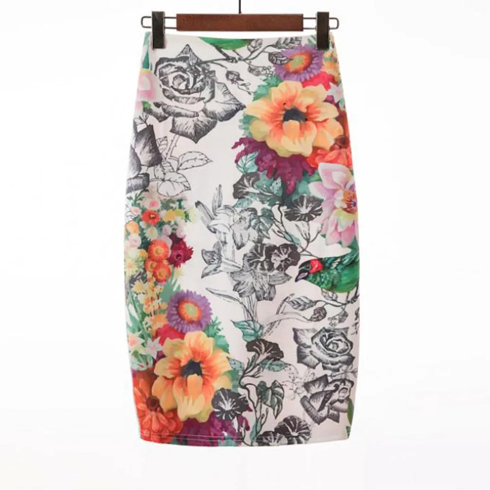 Print Summer Midi Floral Bodycon Office Women Slim High Waist Stretch Sexy Pencil Skirts