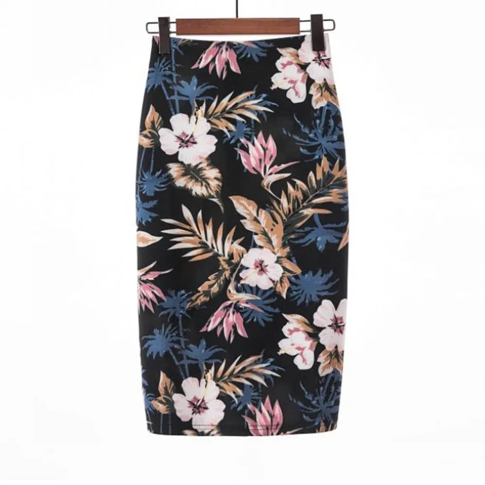 Print Summer Midi Floral Bodycon Office Women Slim High Waist Stretch Sexy Pencil Skirts