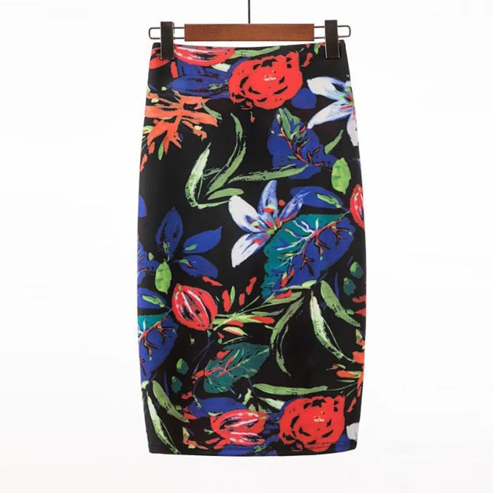 Print Summer Midi Floral Bodycon Office Women Slim High Waist Stretch Sexy Pencil Skirts