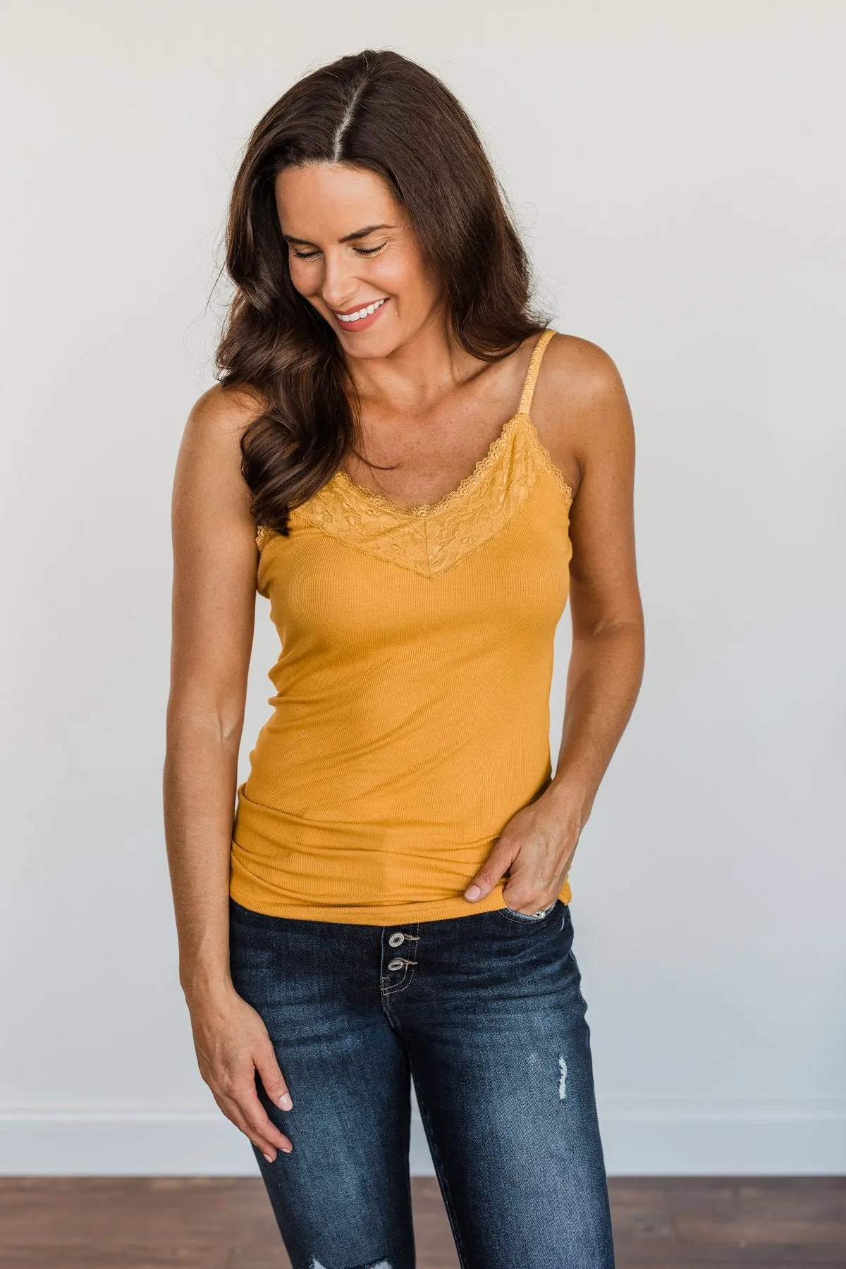 Lace Trimmed Tank Top Mustard