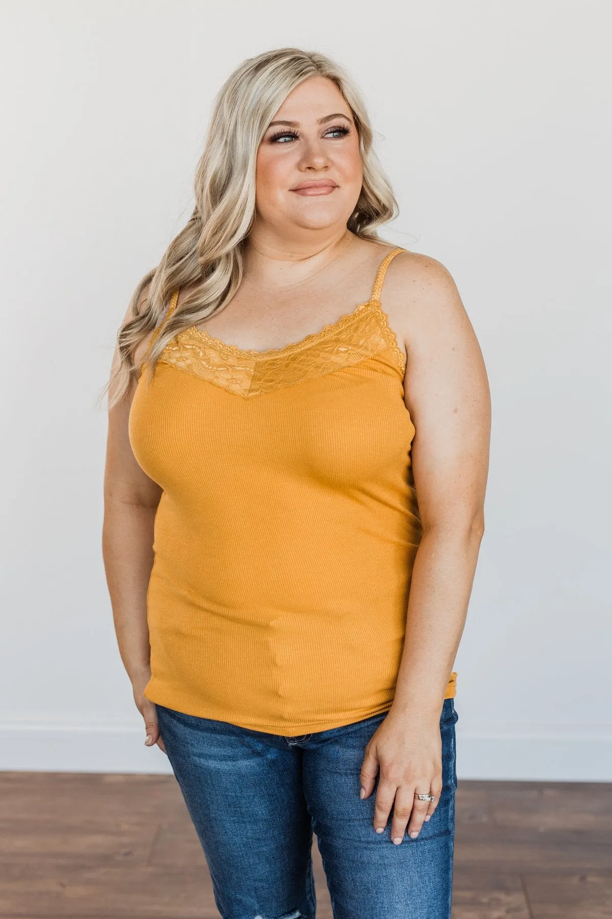 Lace Trimmed Tank Top Mustard