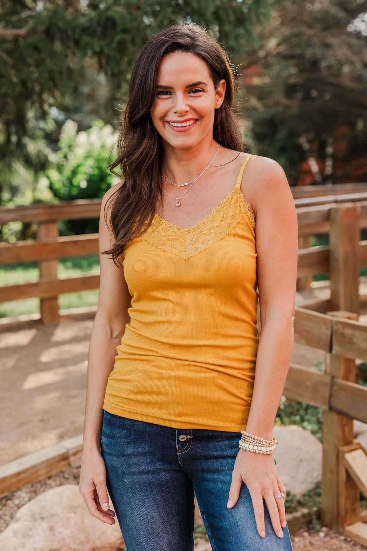 Lace Trimmed Tank Top Mustard