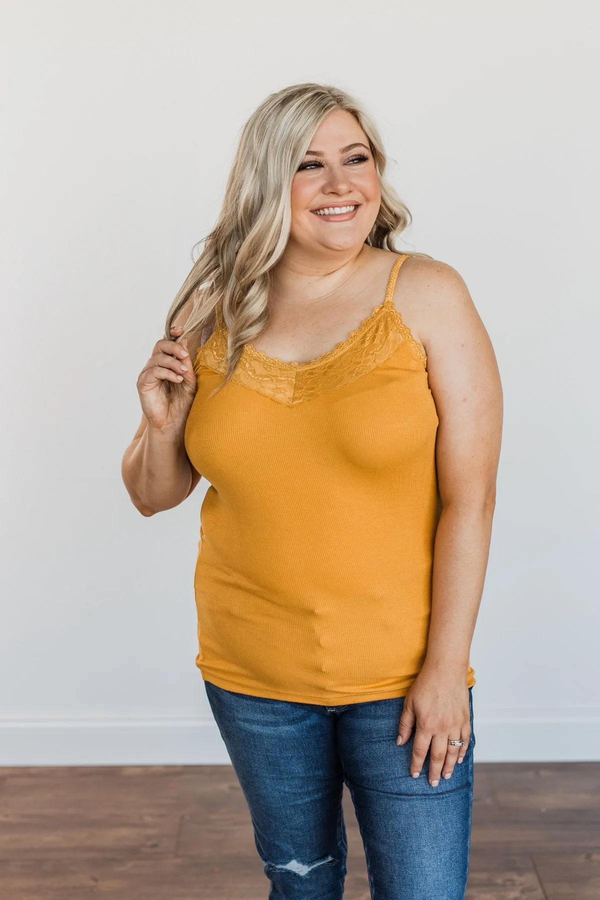 Lace Trimmed Tank Top Mustard