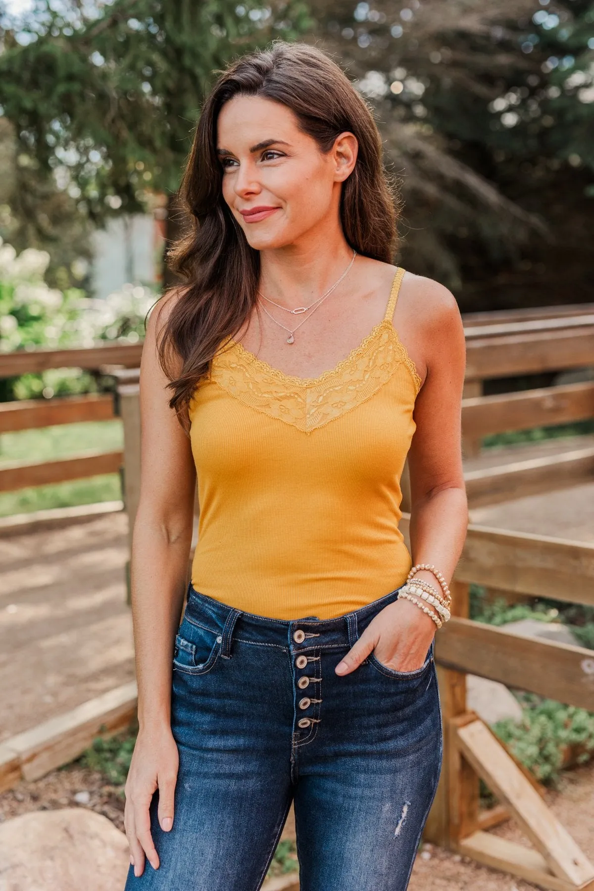 Lace Trimmed Tank Top Mustard