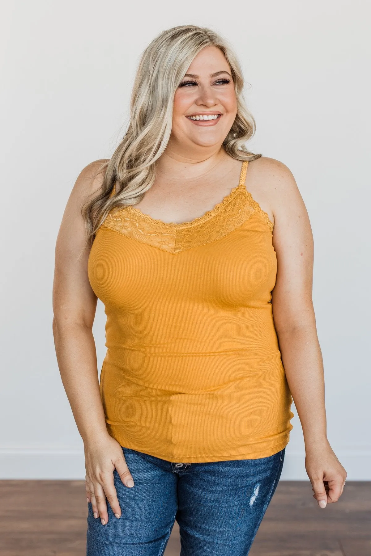 Lace Trimmed Tank Top Mustard