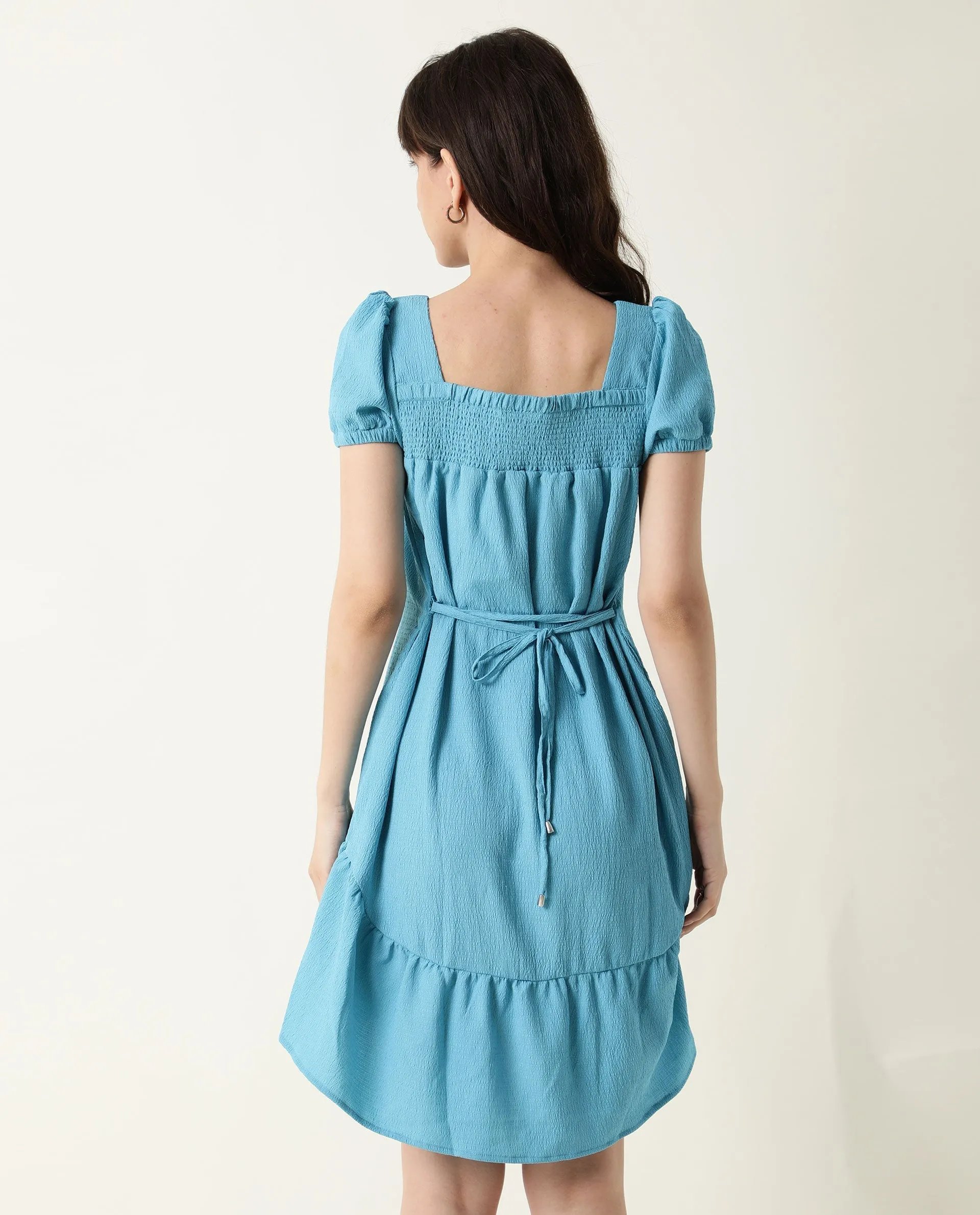 Rareism Women Empress Blue Smoked Square Neck Puff Sleeves With Fabric Waist Belt And Pockets High Low Dress