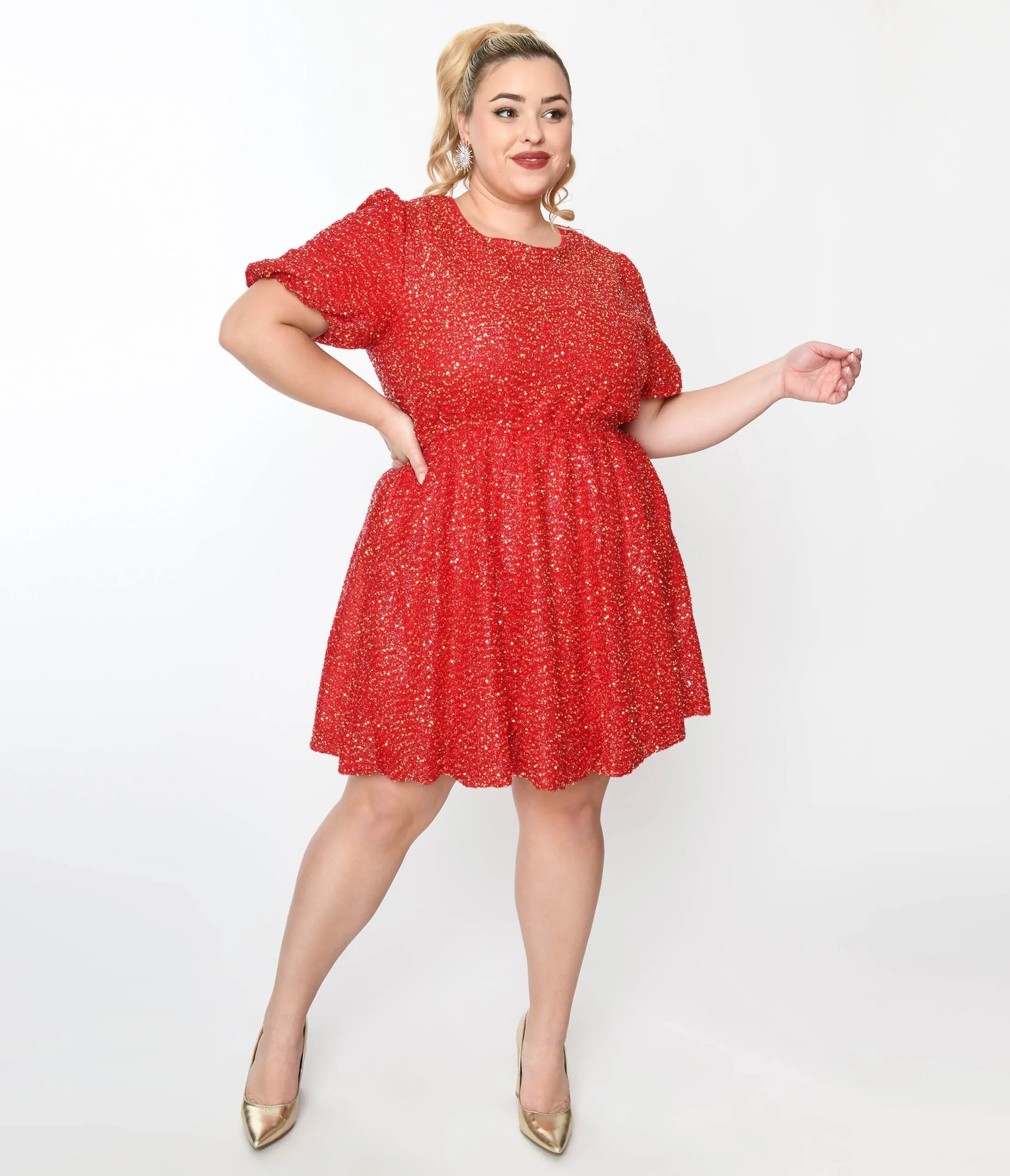 Red Sequin Puff Sleeve Flare Dress