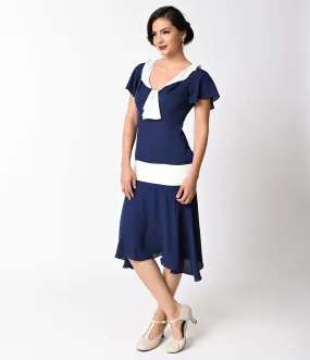 1920s Navy Blue and Ivory Wilshire Flapper Day Dress by Unique Vintage