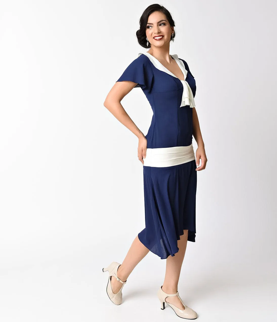 1920s Navy Blue and Ivory Wilshire Flapper Day Dress by Unique Vintage