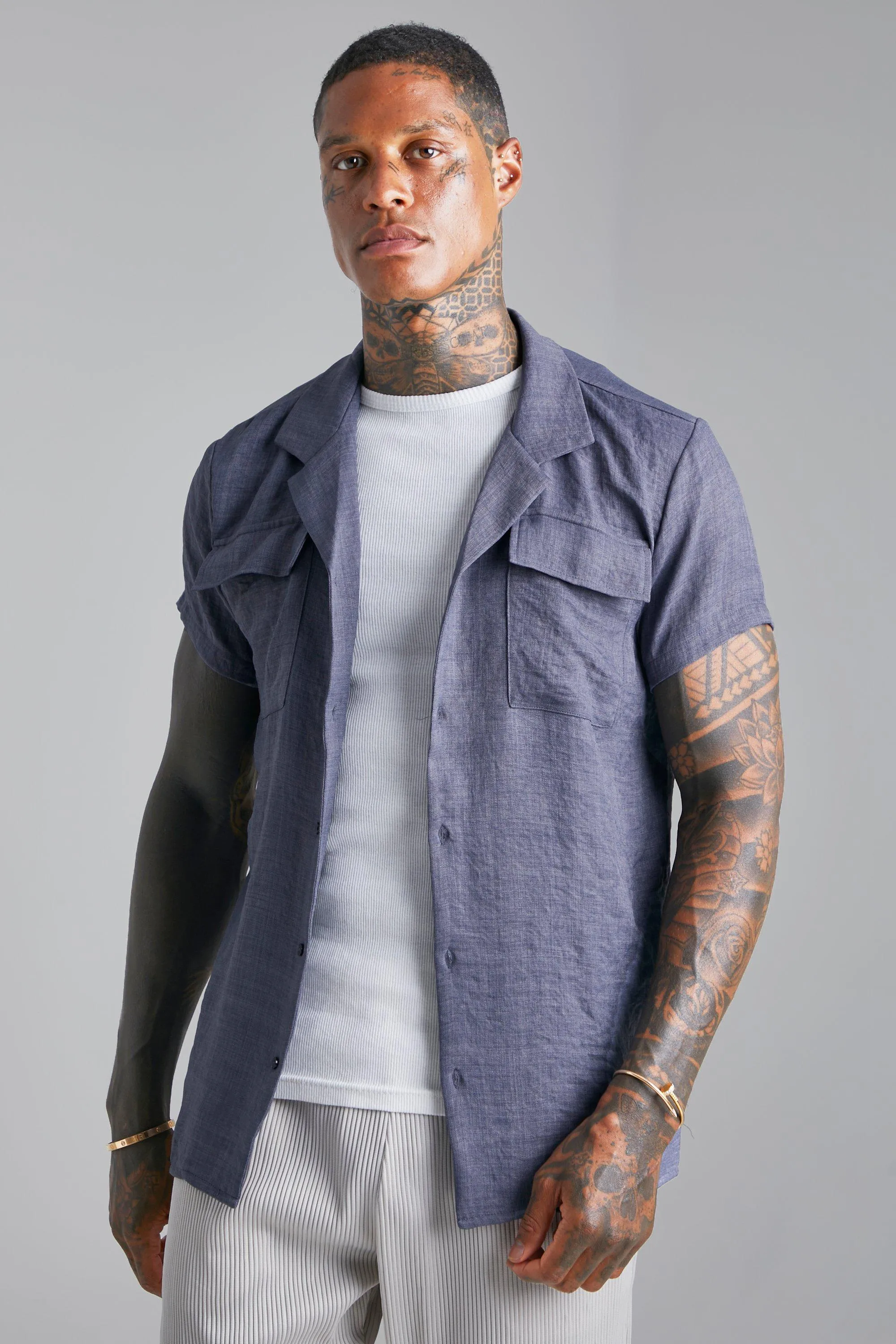 Short Sleeve Revere Linen Cargo Shirt | boohooMAN UK