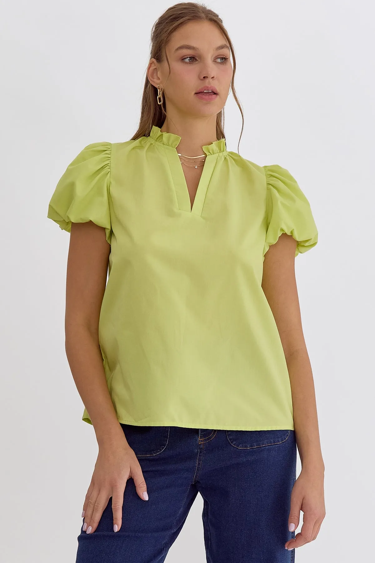 Solid V-Neck Puff Sleeve Top