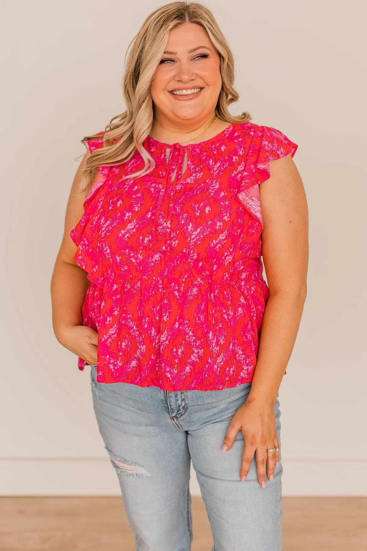 Hot Pink Printed Peplum Blouse