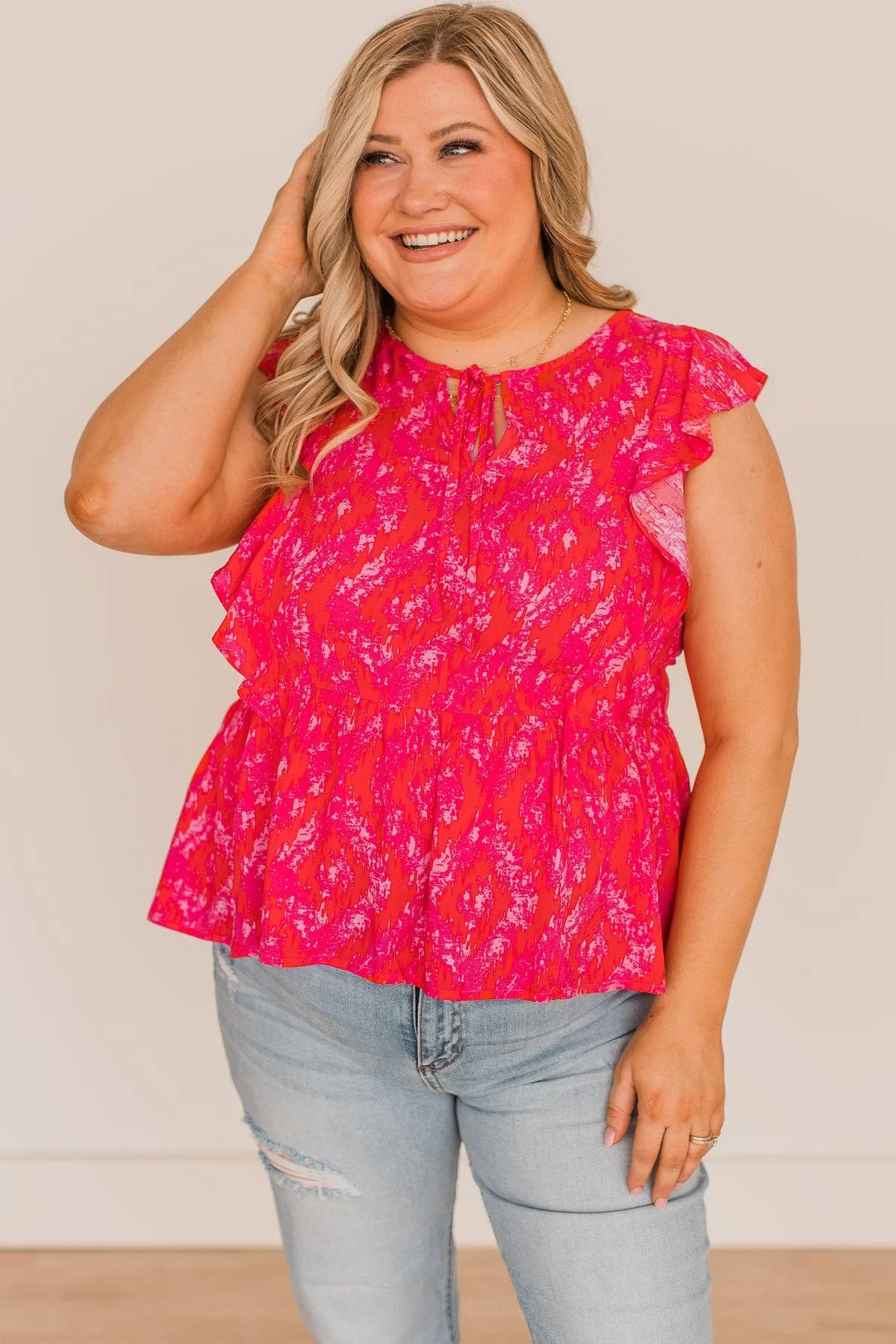 Hot Pink Printed Peplum Blouse