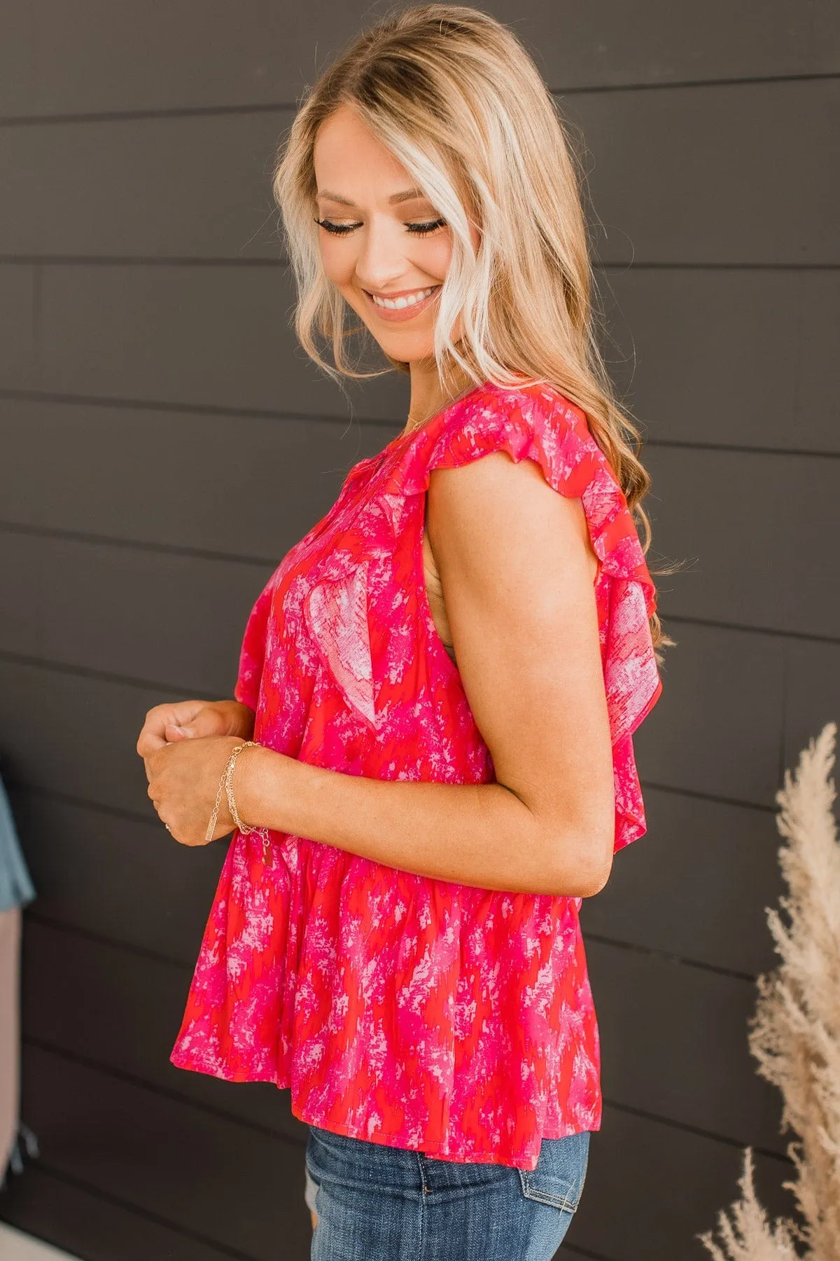 Hot Pink Printed Peplum Blouse