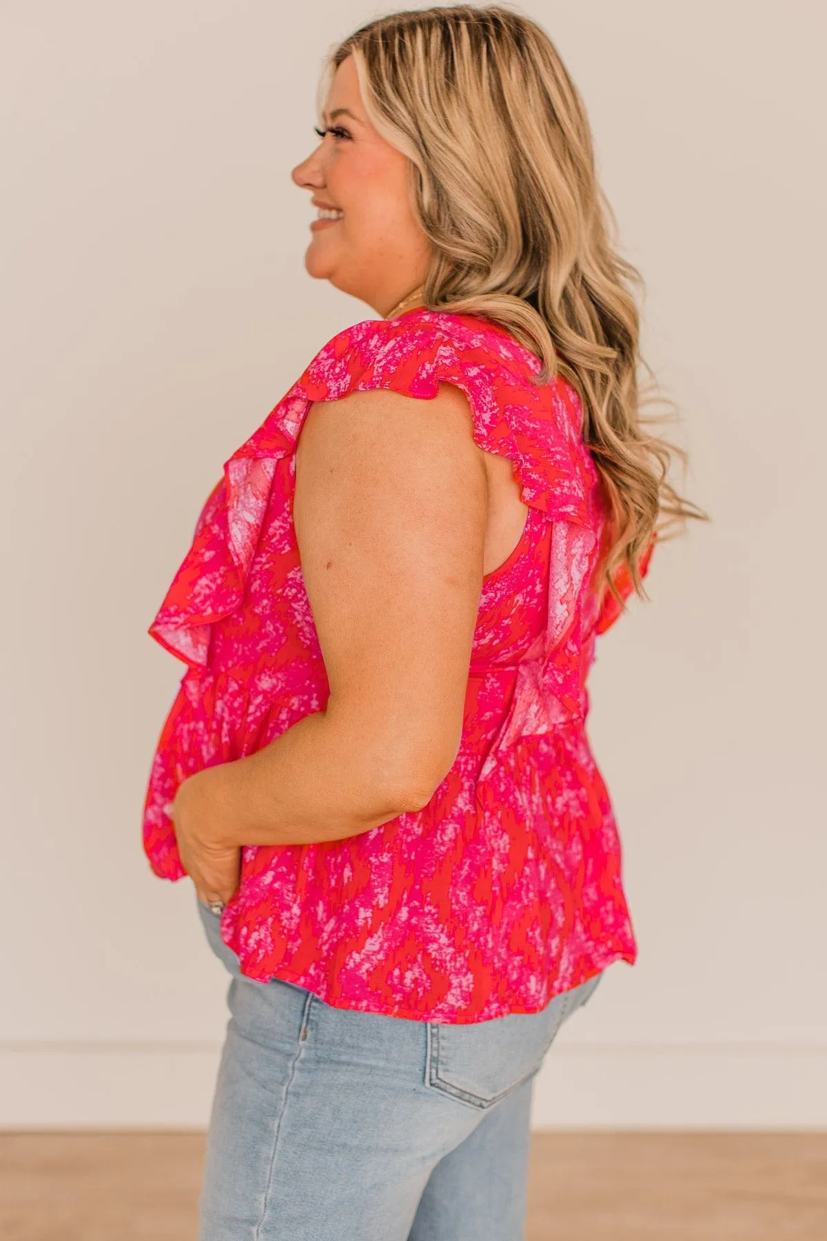 Hot Pink Printed Peplum Blouse