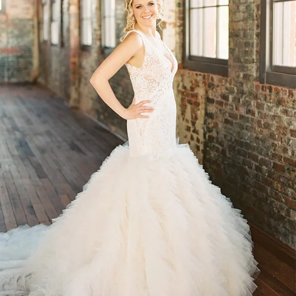 Stunning Ivory Lace Mermaid Bridal Gown with Open Back and Ruffles