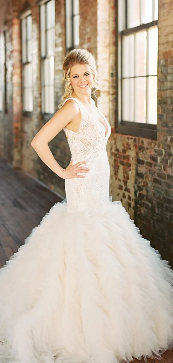 Stunning Ivory Lace Mermaid Bridal Gown with Open Back and Ruffles