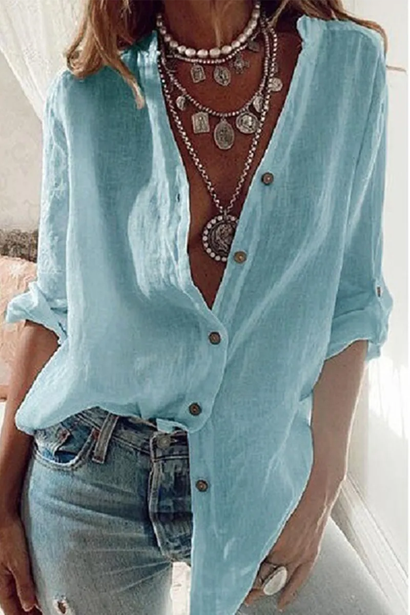 Solid Patchwork V Neck Tops