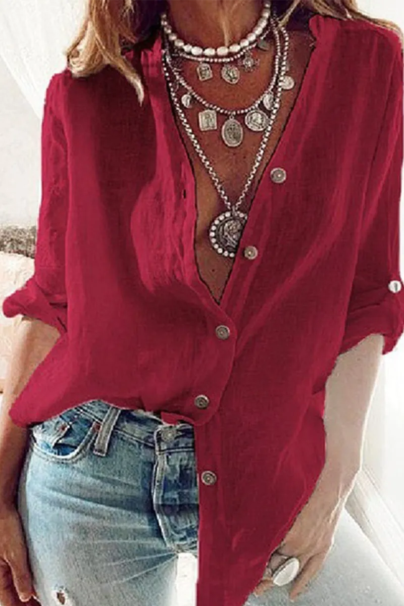 Solid Patchwork V Neck Tops