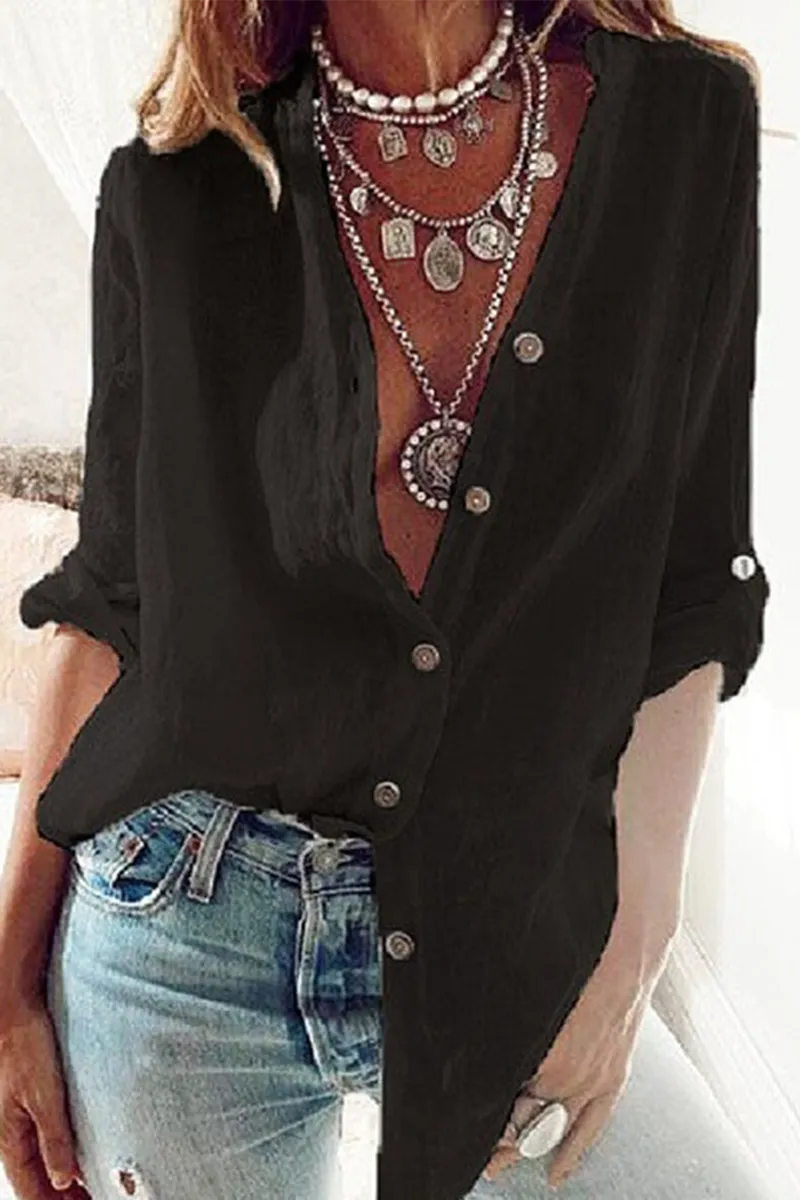 Solid Patchwork V Neck Tops